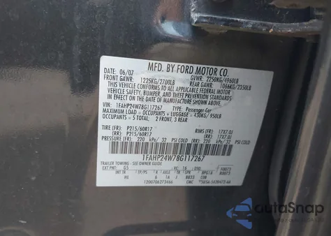2008 Ford Taurus Sel from USA, damaged, VIN 1FAHP24W78G117267